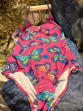 Girls Pink Butterfly colorful One-Piece Swimsuit